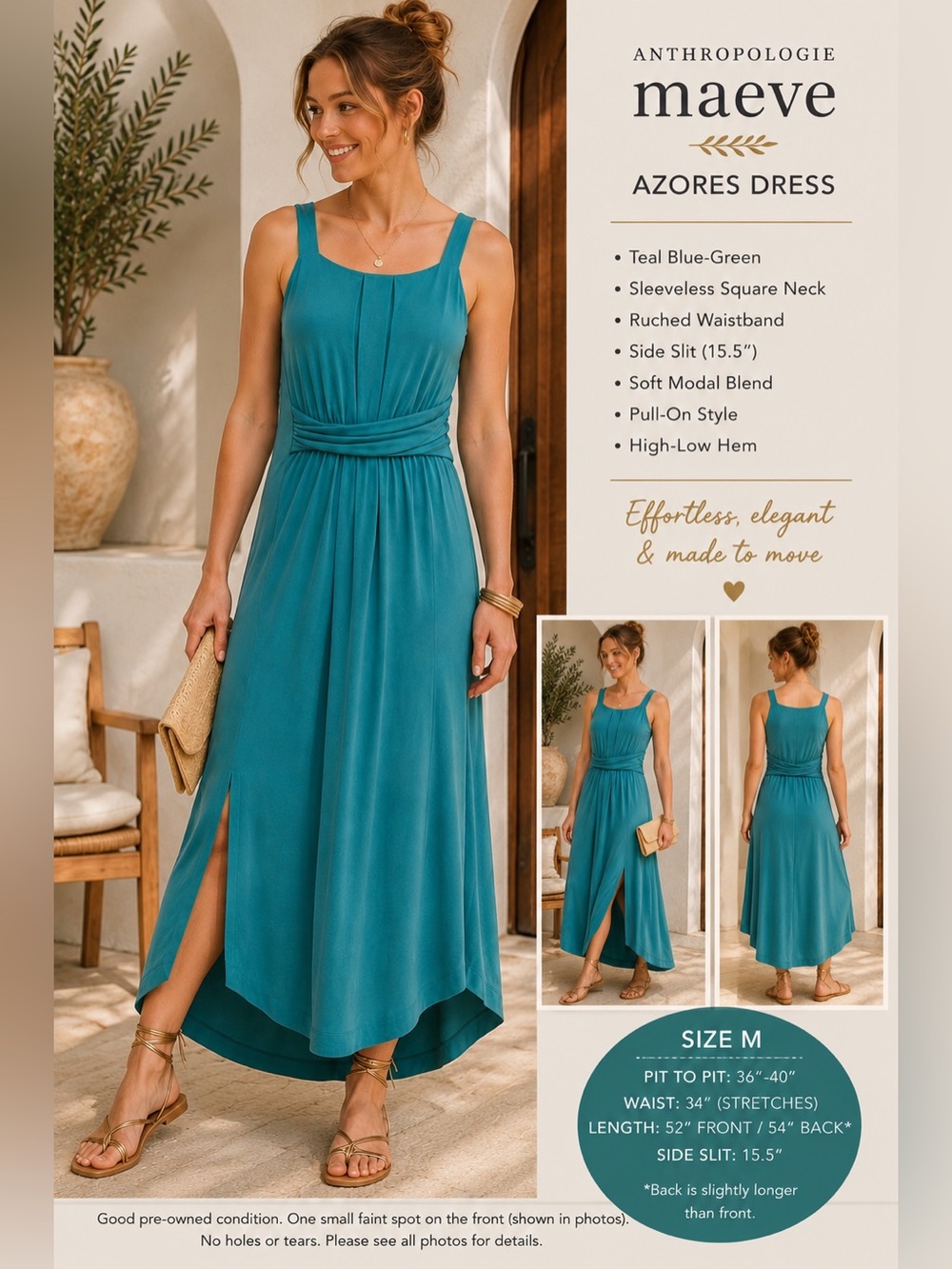 Anthropologie Maeve Azores Dress Medium Teal Modal Slit Stretch